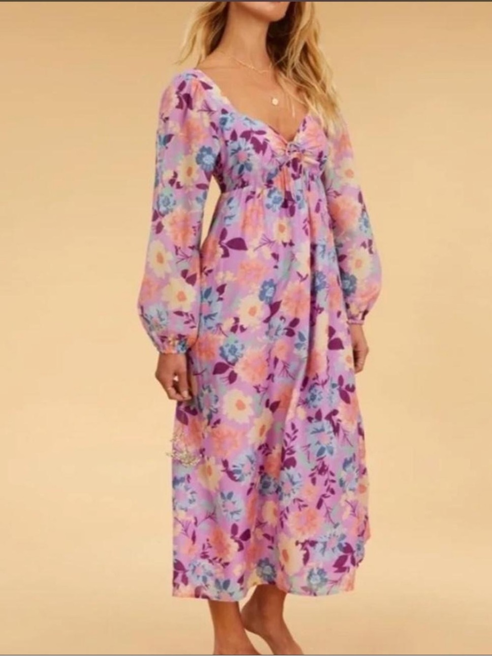 Billabong Lavender Pink Floral Puff-Sleeve Midi Dress
